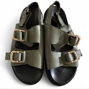 ALOHAS Olive Green Buckle Slingback Sandals with Gold Hardware